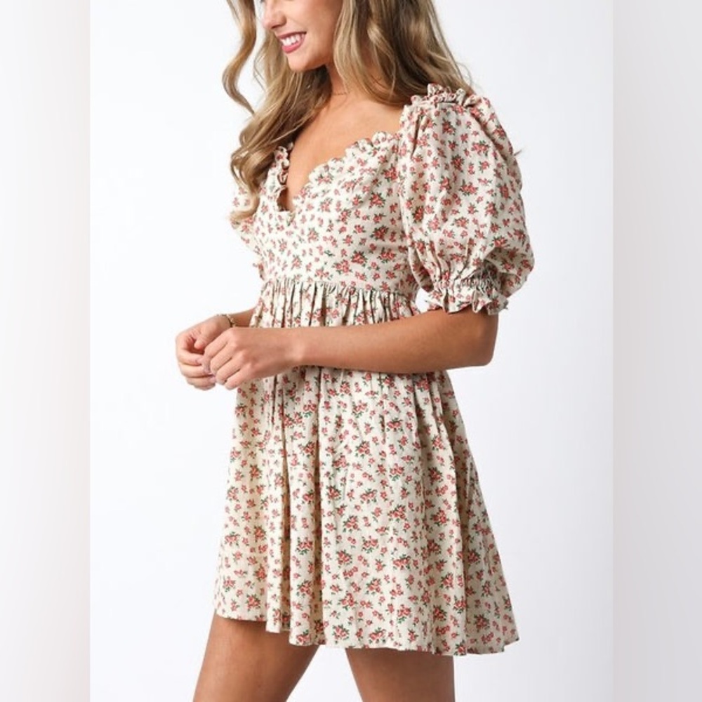 NWT OLIVACEOUS Floral Puff Sleeve linen Easter summer Boutique dress size M